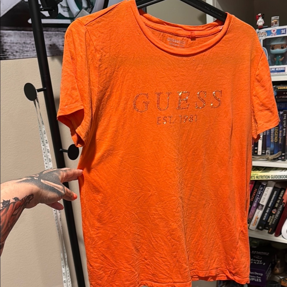 Guess Orange Short Sleeve Tee bedazzled lettering Sz.S
